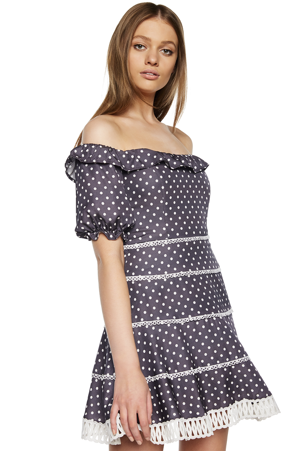 Spotty Lace Dress in Charcoal | Bardot