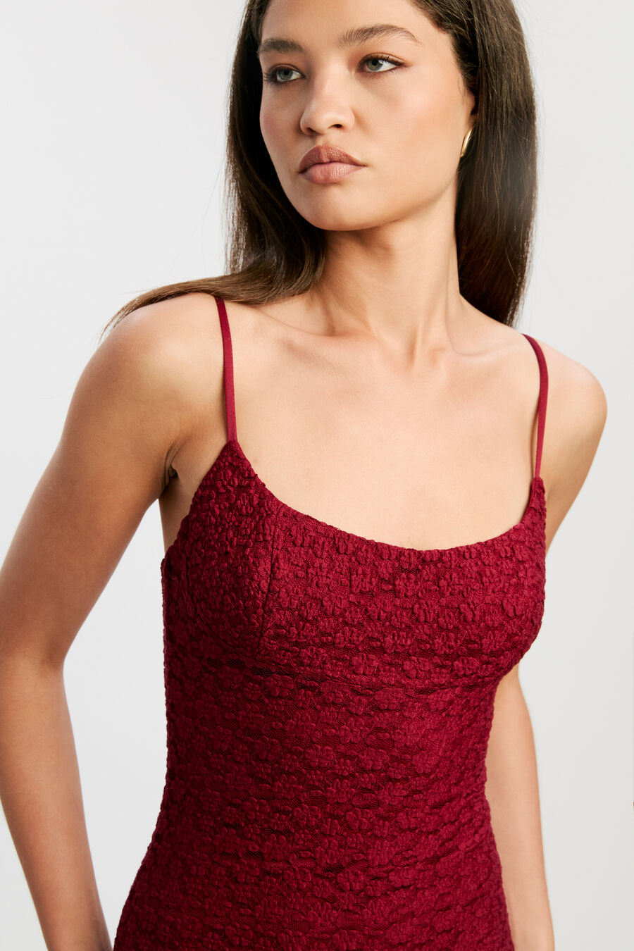 LOUISA MESH MIDI DRESS in colour BURGUNDY