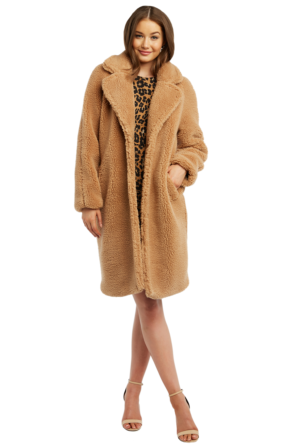 Teddy Long Coat in Tan | Bardot