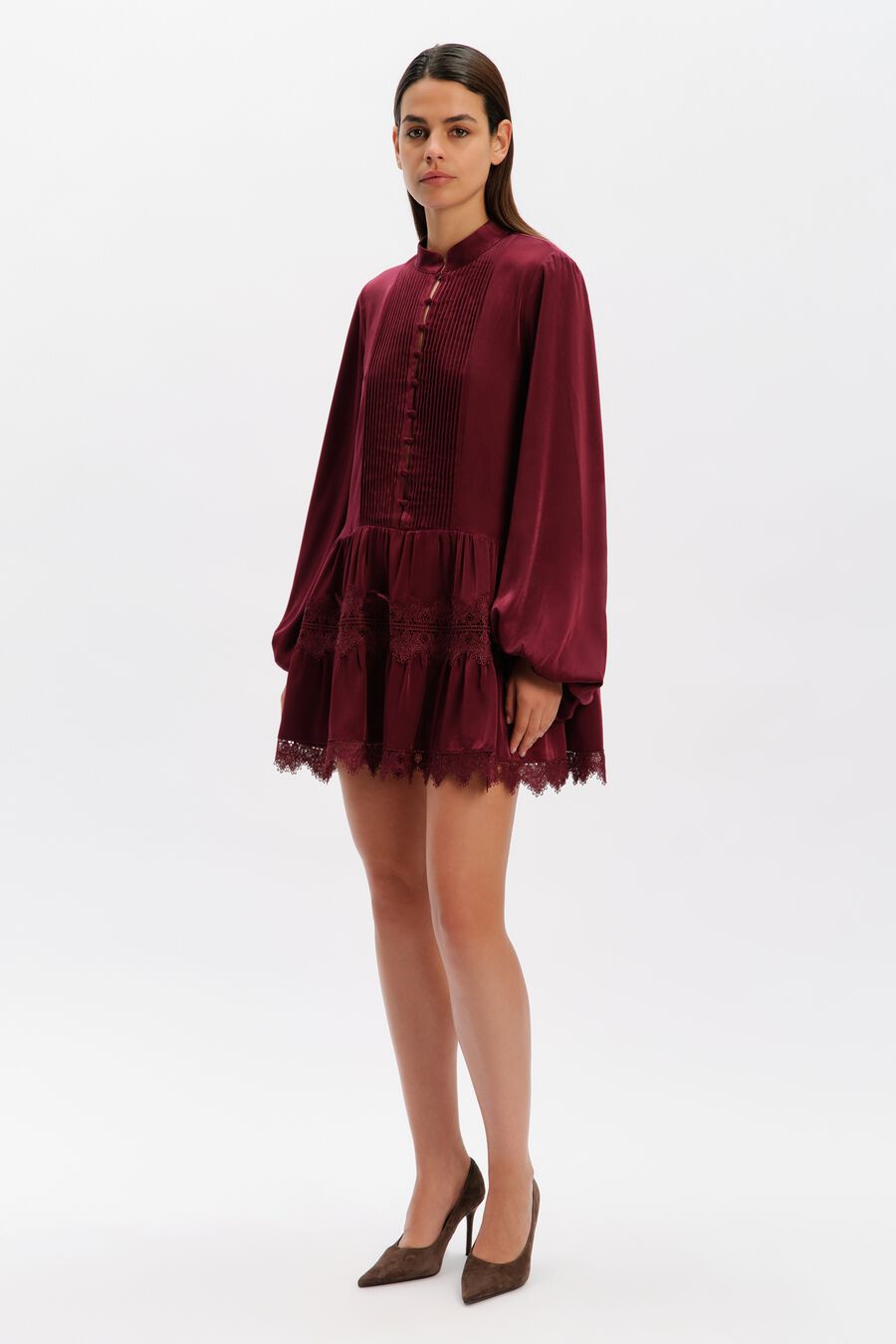 ANTONIA LACE TRIM MINI DRESS in colour Mulberry