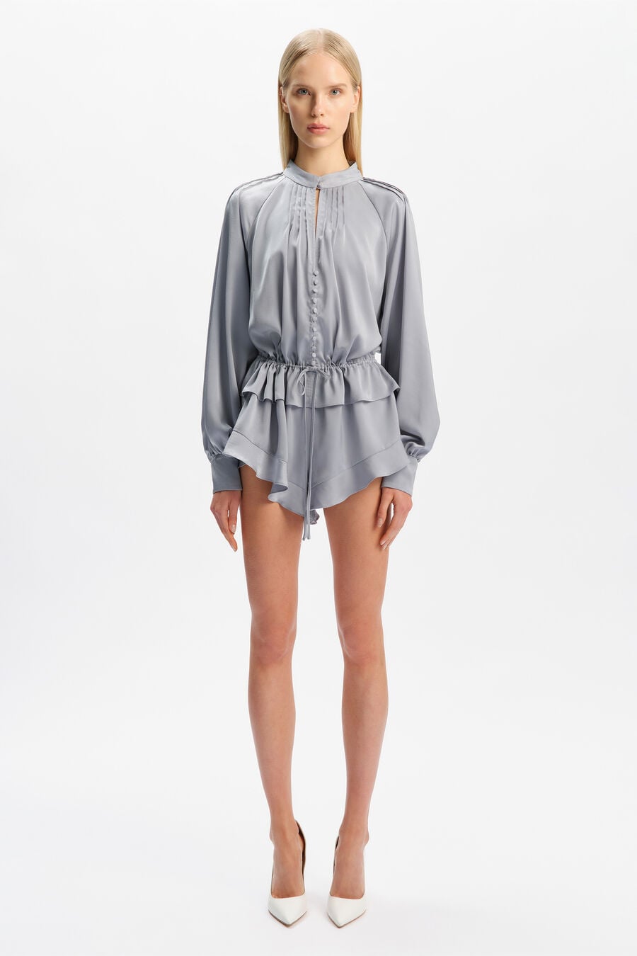 LORELLE FRILL DETAIL PLAYSUIT in colour Steel Blue