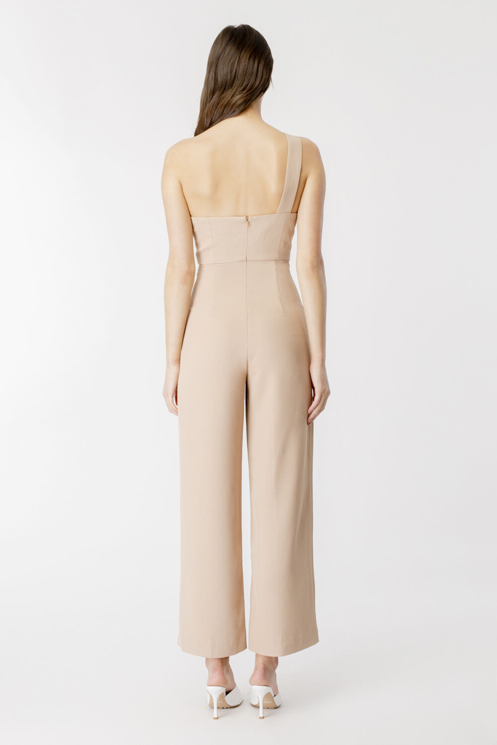 One Shoulder Pantsuit in Tan | Bardot