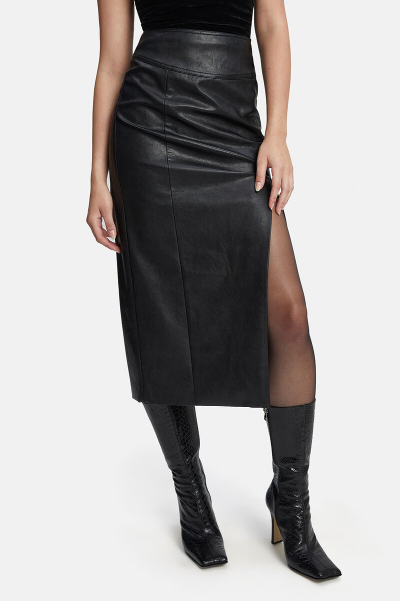 Dante Vegan Leather Midi Skirt In Black | Bardot
