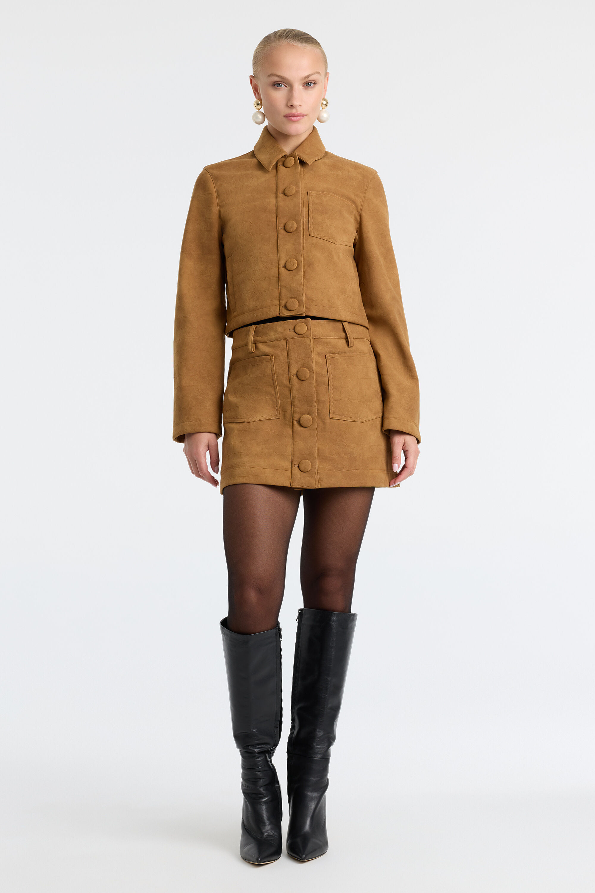 Lorenzo Croc Vegan Suede Shirt In Camel | Bardot