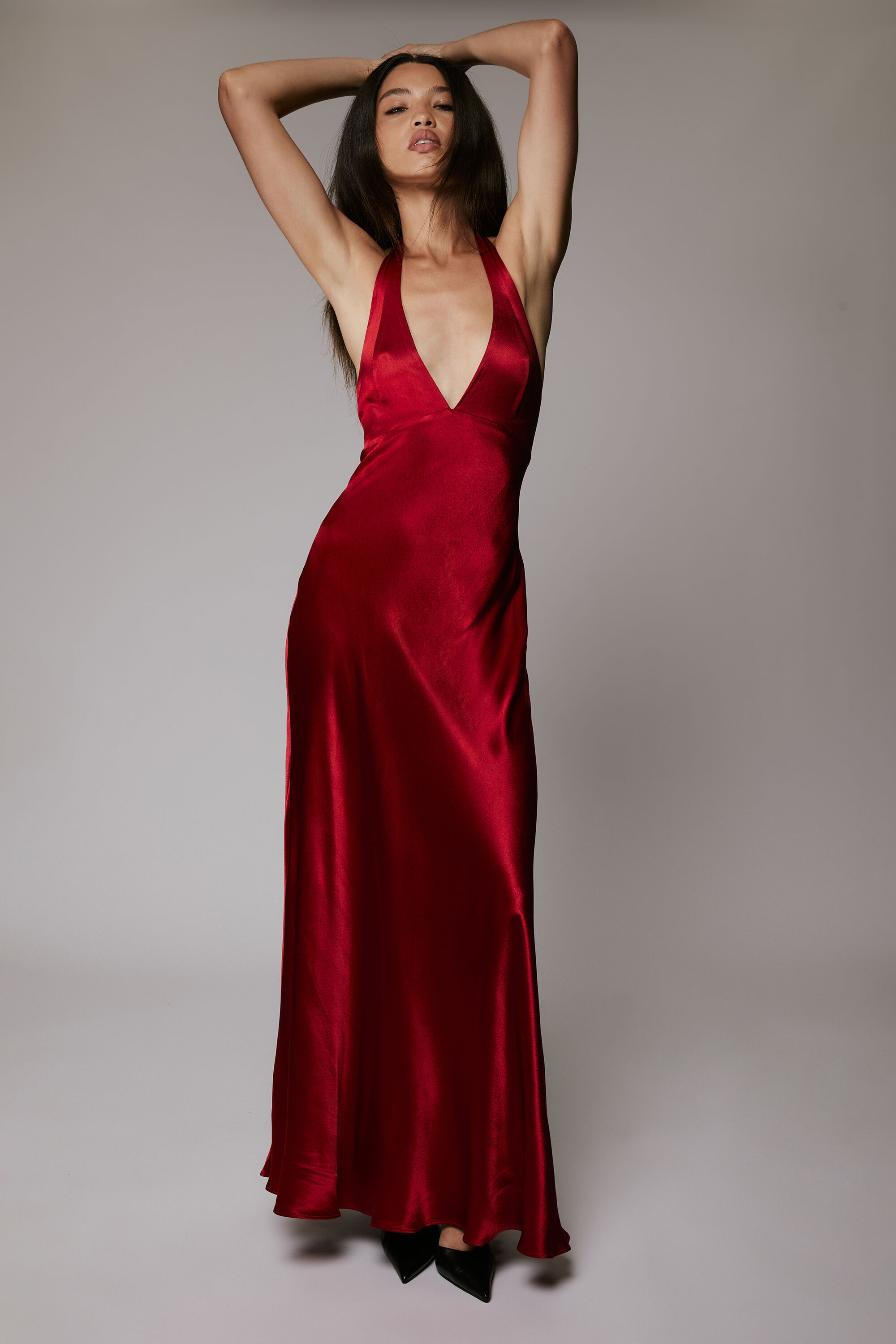 deep halter dress Pink Halter Satin Mermaid Open Back Long Formal Prom Dresses main image 1