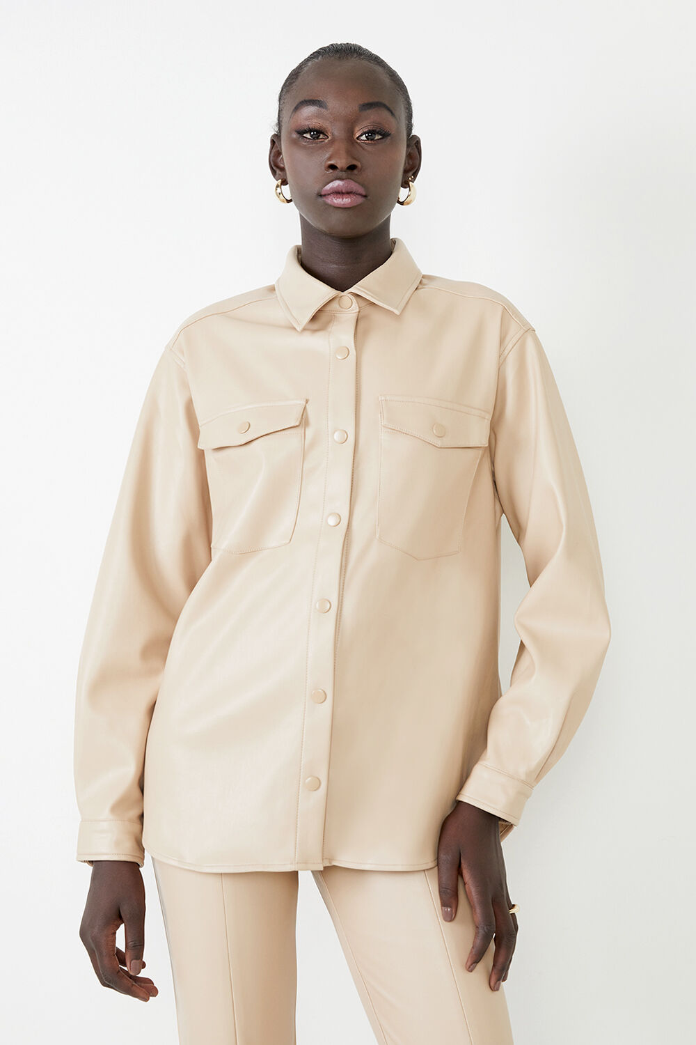 Frida Vegan Leather Shirt in Beige | Bardot