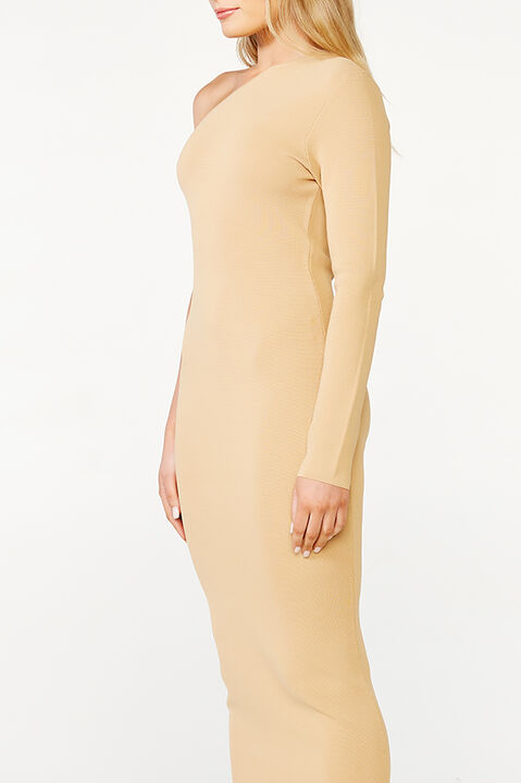 ONE SHOULDER KNIT DRESS in colour TAN