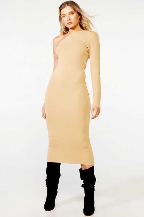 ONE SHOULDER KNIT DRESS in colour TAN