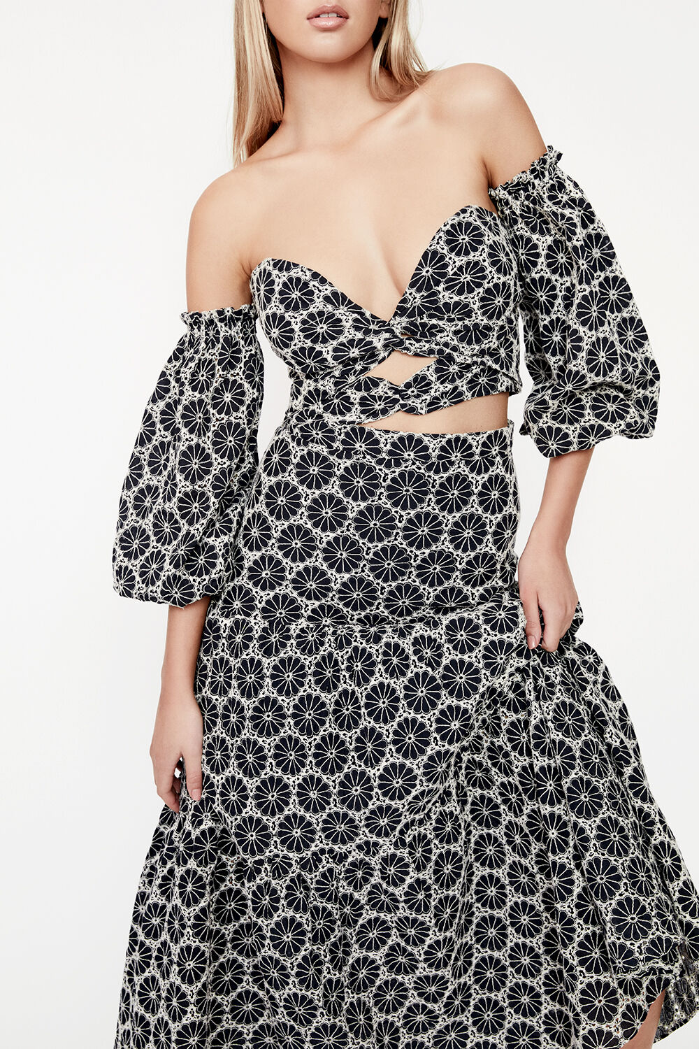 Kaela Broderie Top in Navy/ivory | Bardot