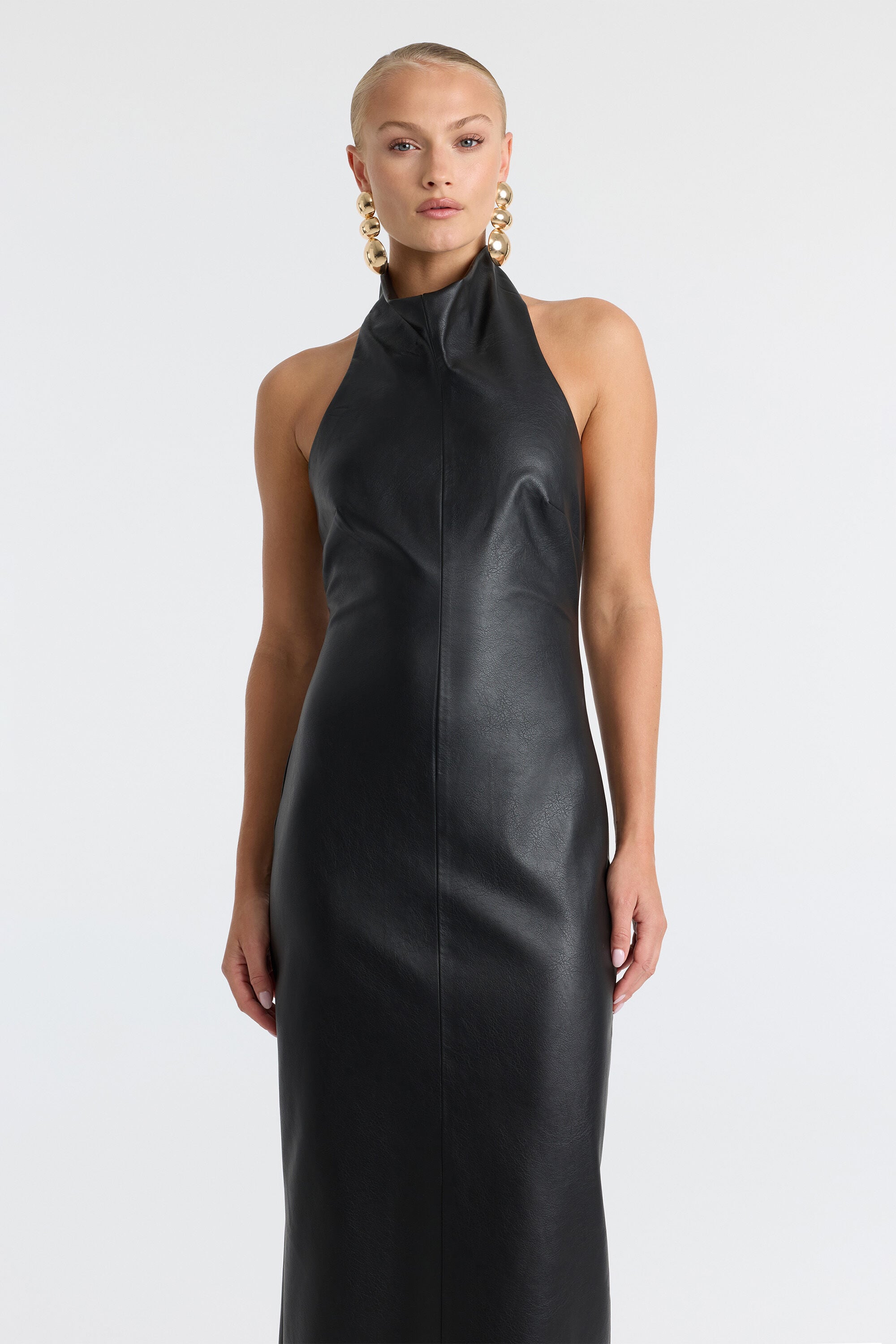 black faux leather bardot waist belt bodycon dress Gina Vegan Leather Midi Dress In Black