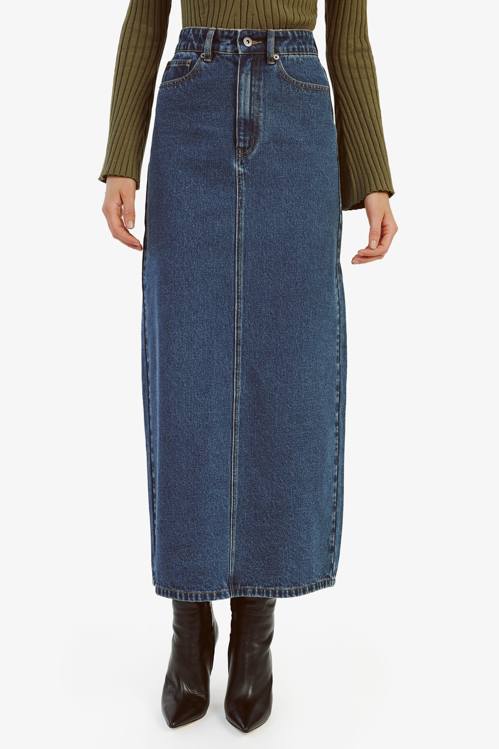 ◆MOONDAL◆ Denim Pleat Skirt in Indigo Indigo Maxi Pleat Detail Denim Skirt | Fashion World