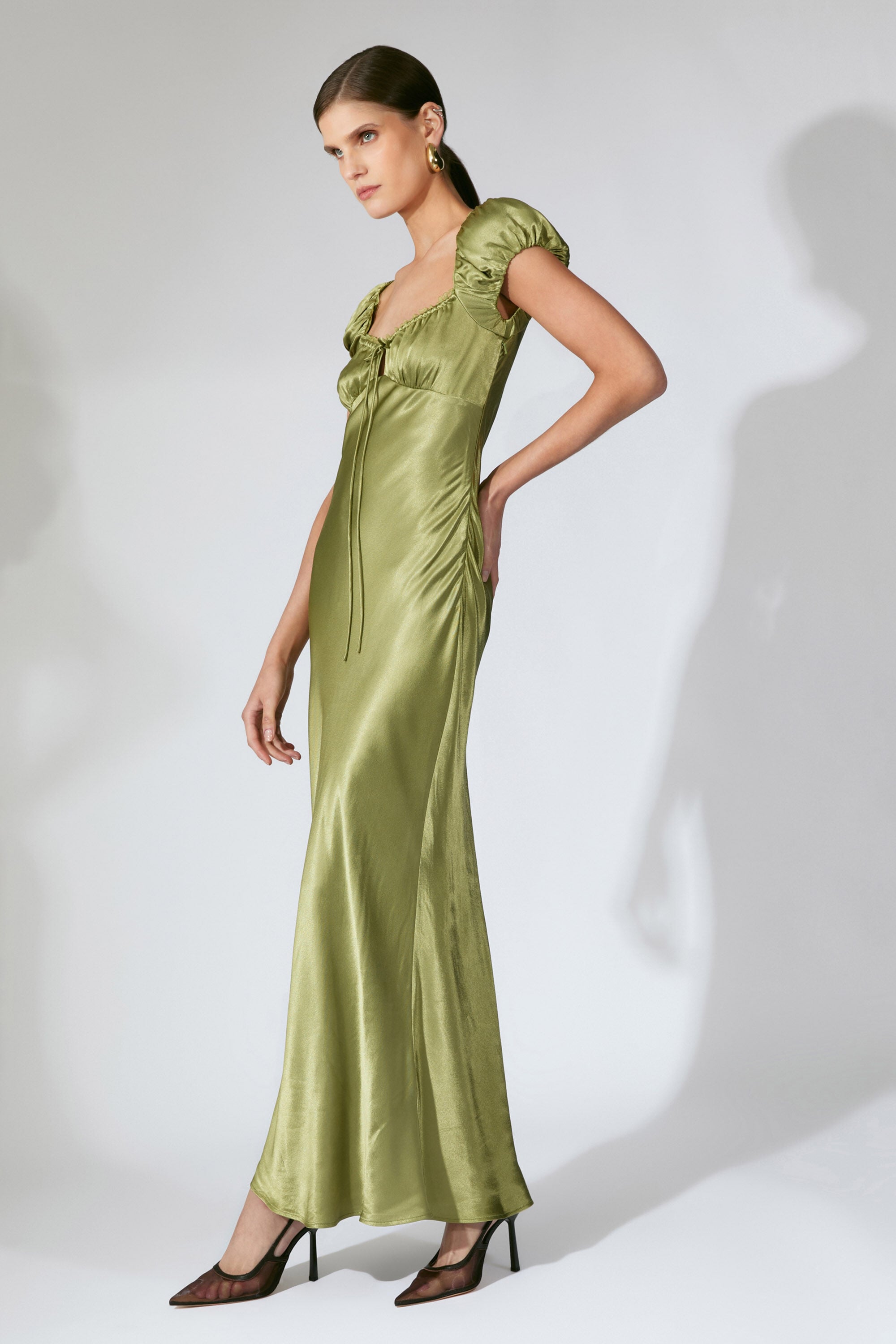 emerald green satin dress long sleeve RUNAWAY THE LABEL Kapri Slip Dress M / GREEN FLORAL