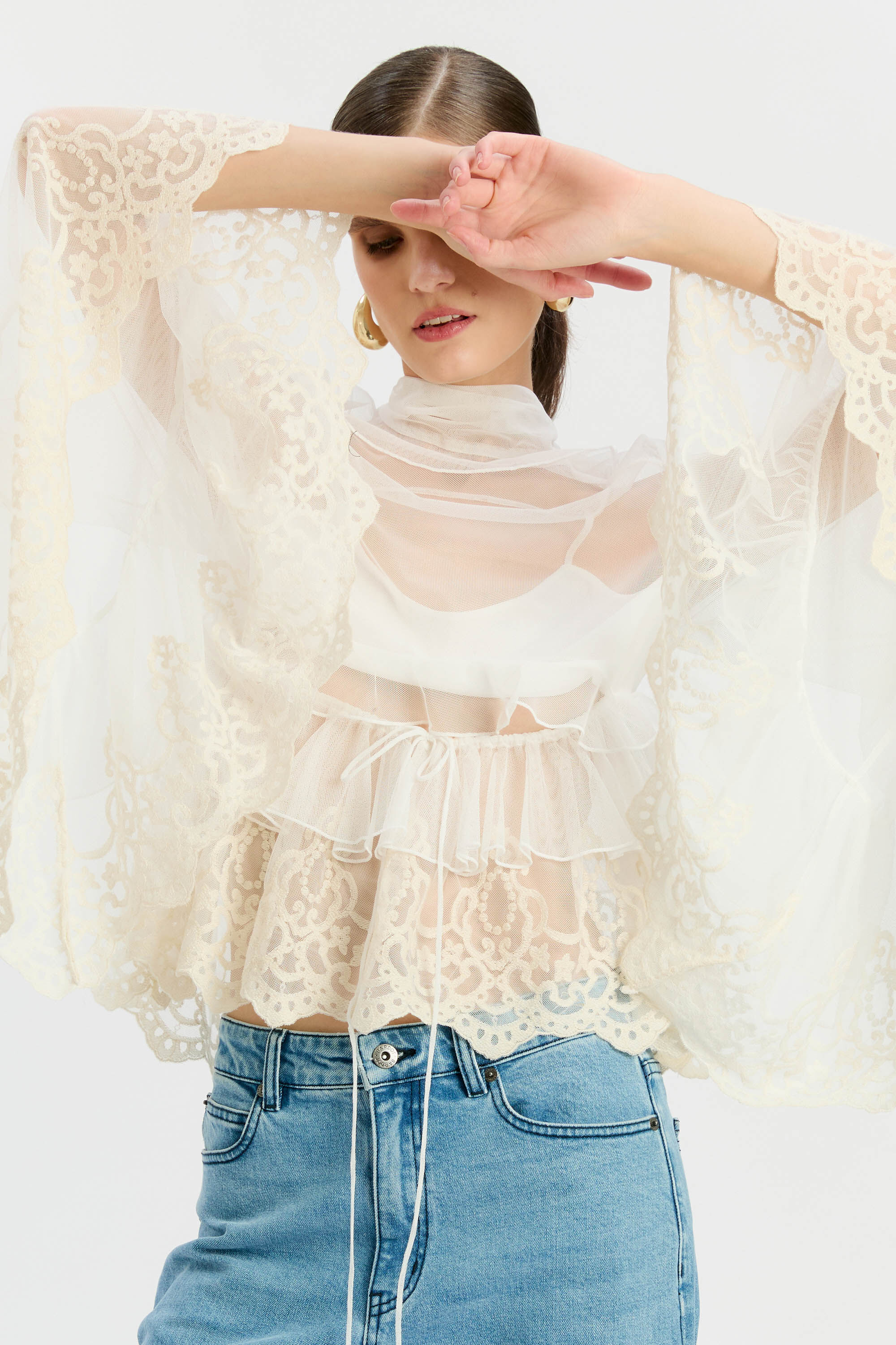 Anyssa Lace Edge Ruffe Blouse In Ivory | Bardot
