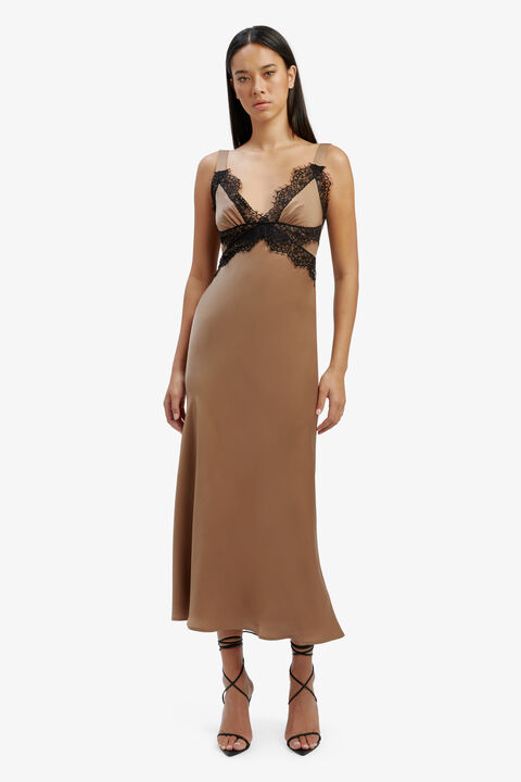 DELTA SATIN MIDI DRESS in colour FOSSIL