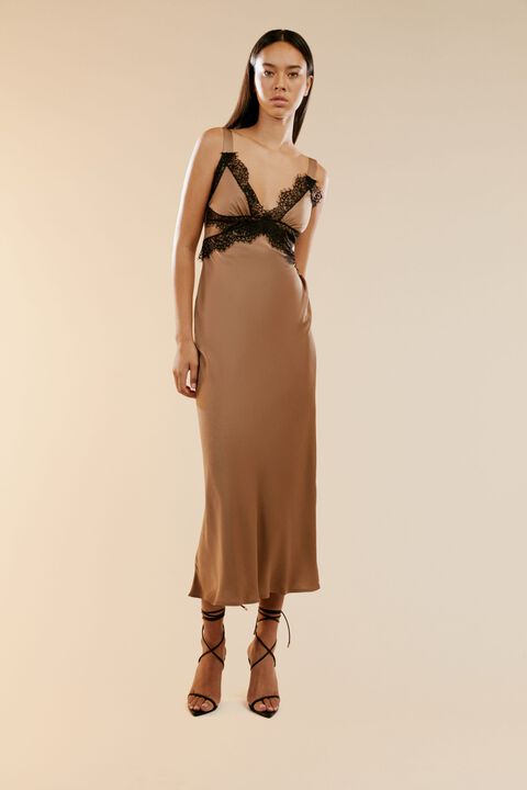 DELTA SATIN MIDI DRESS in colour FOSSIL