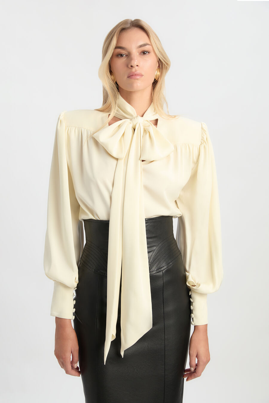 REVANA SATIN TIE NECK BLOUSE in colour Ivory