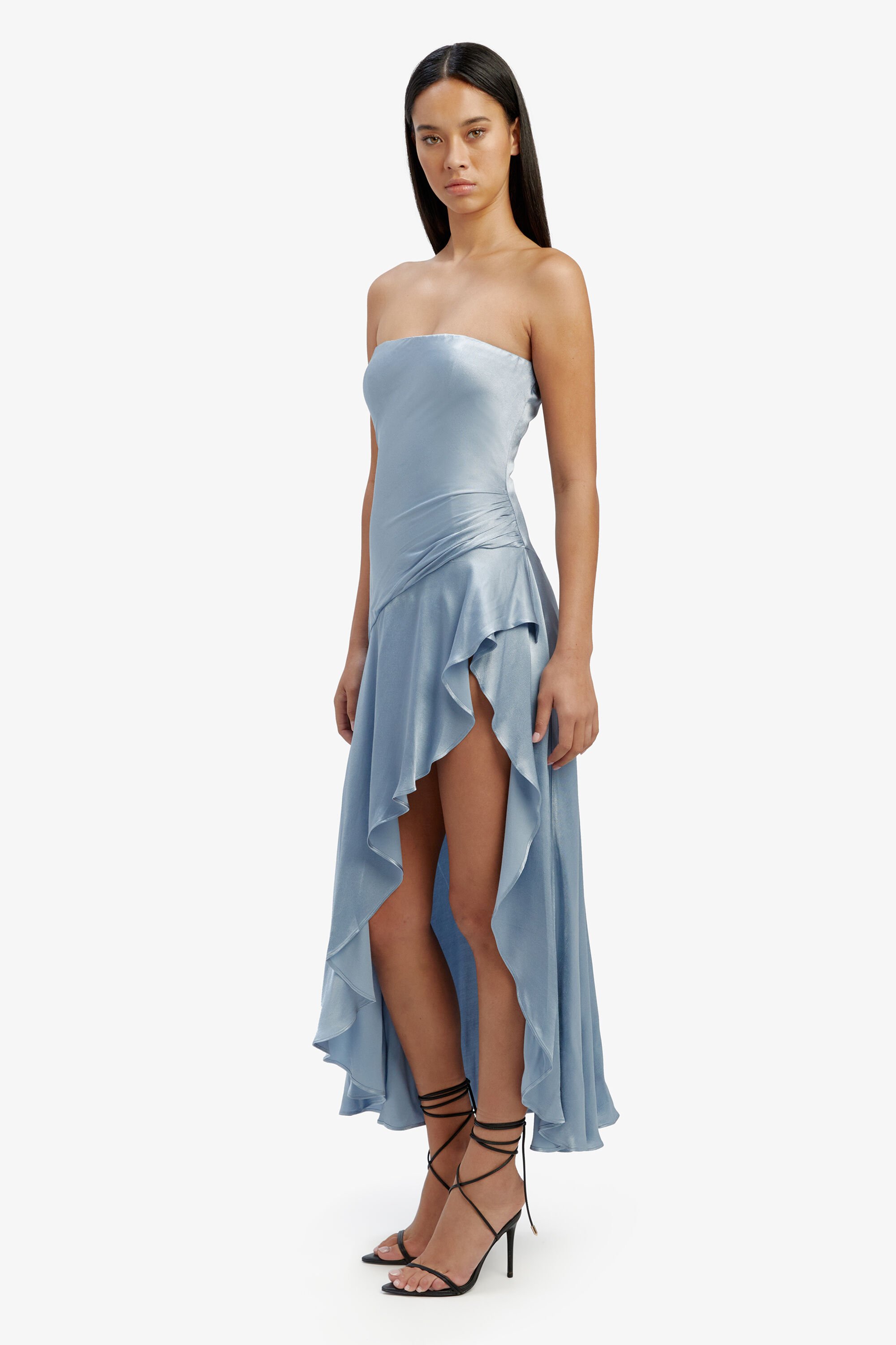 Dusty blue bardot frill hem shop midi dress