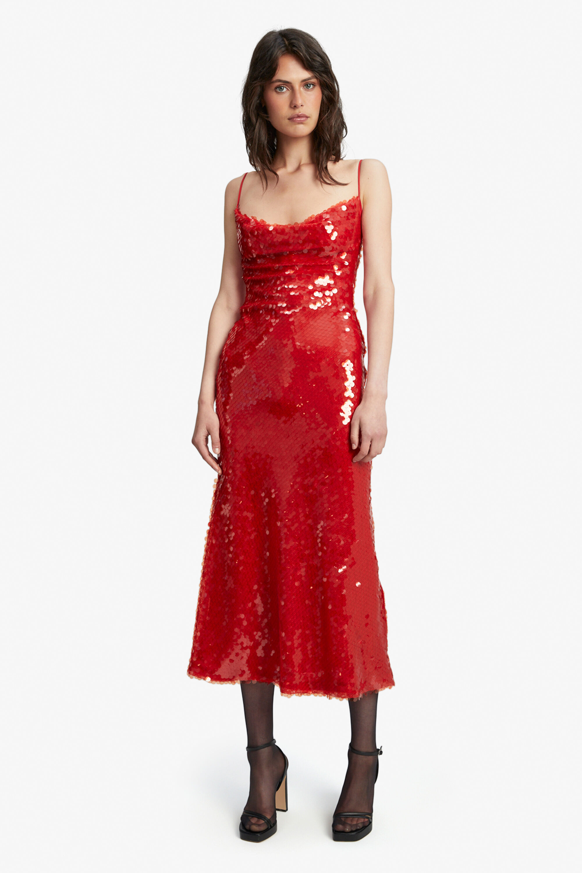 Red sequin bardot dress sales