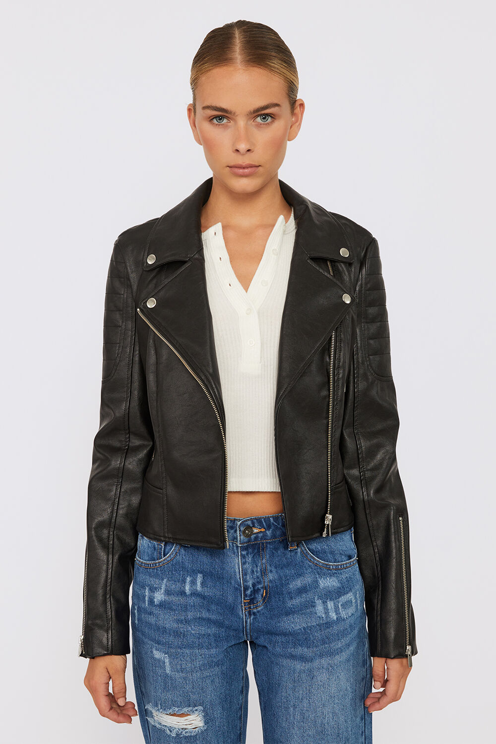 Kora Vegan Leather Biker Jacket in Black | Bardot