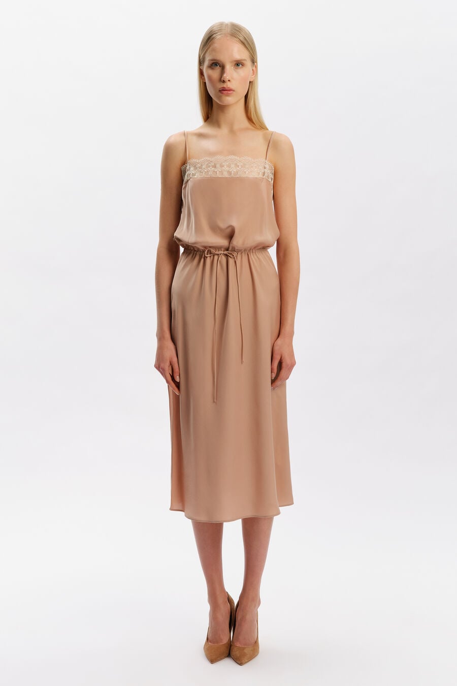 Olina Lace Satin Midi Dress