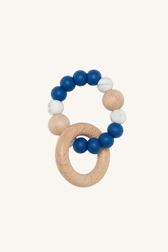SINGLE RATTLE SILICONE & BEECHWOOD TEETHER in colour BLUE BELL