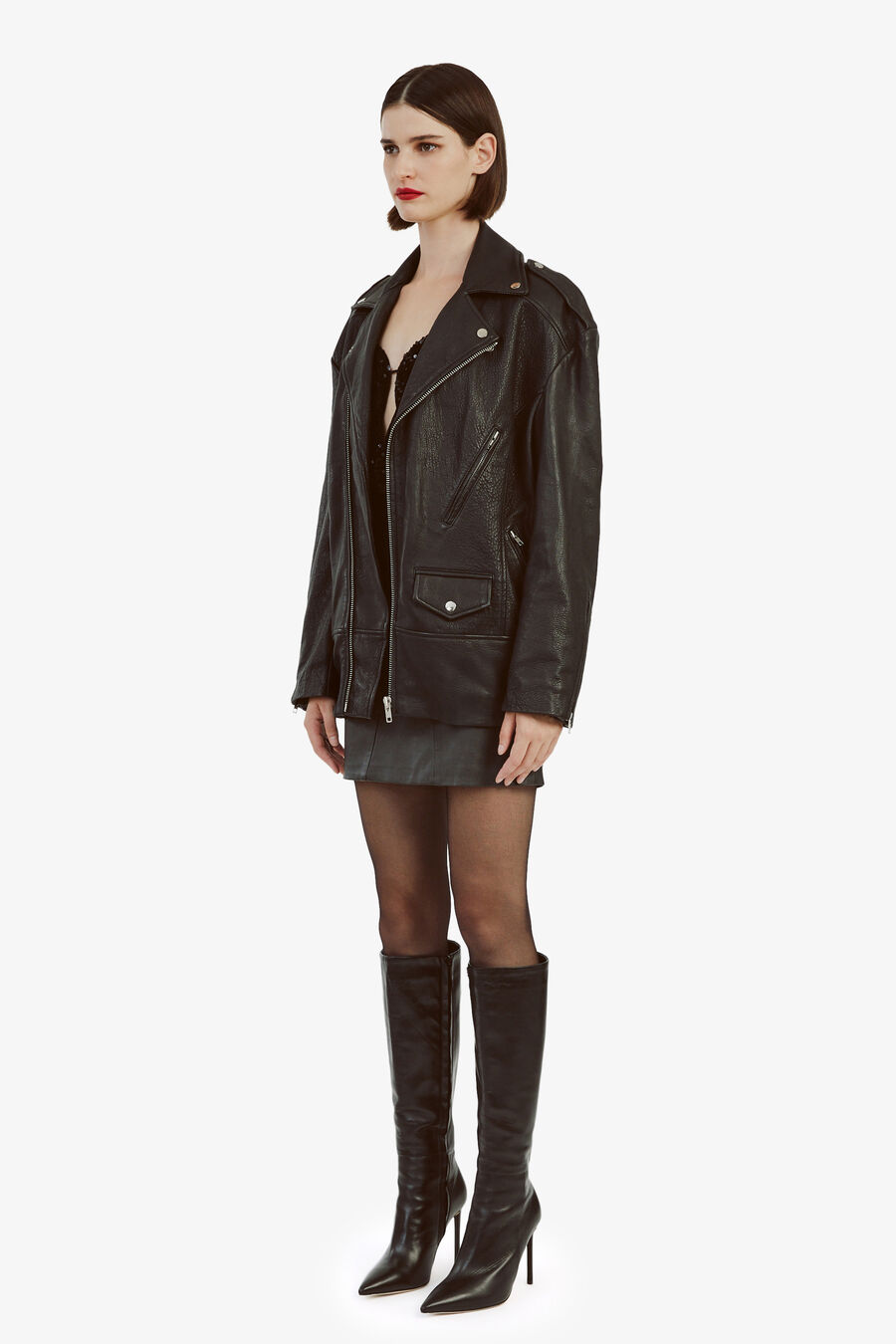 OVERSIZED LEATHER BIKER JACKET in colour BLACK
