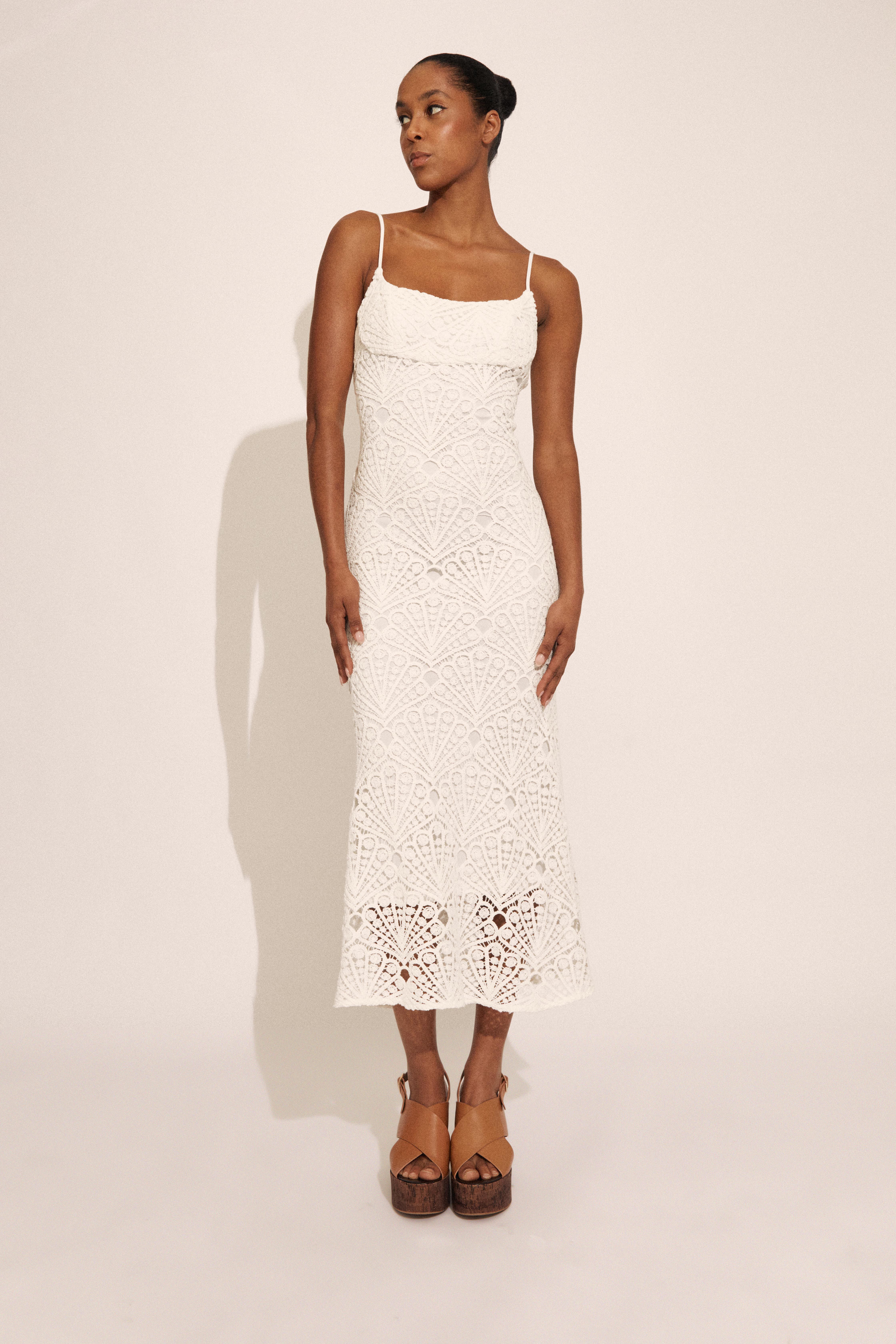 white crochet dress midi White Crochet Knit Bodycon Midi Dress  Gabi Swimwear