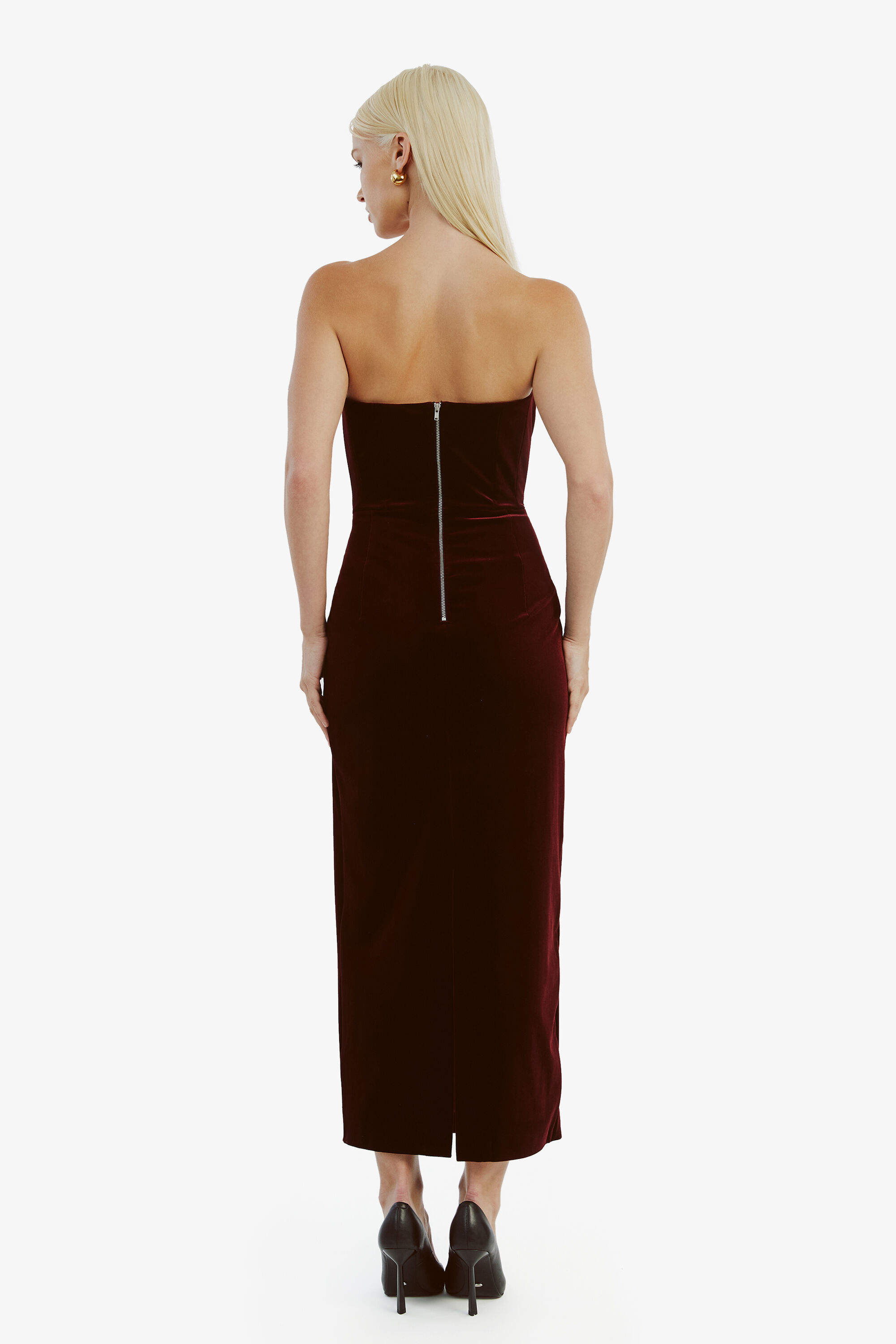 Camellia Velour Midi Dress In Burgundy Bardot