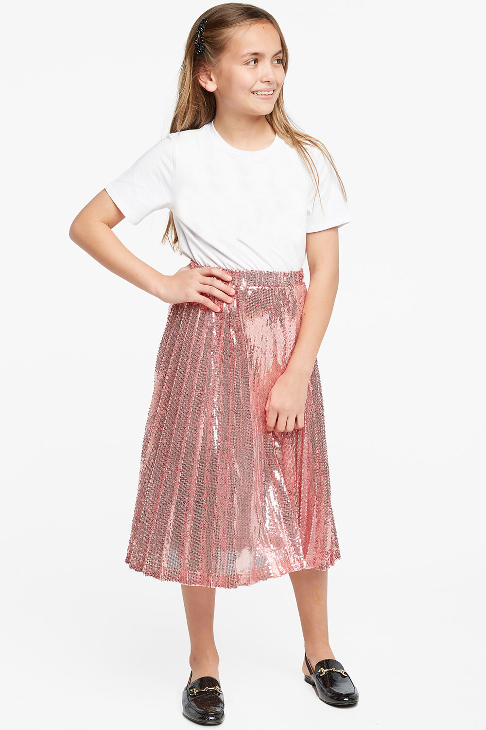 Tween Girl Iva Sequin Pleat Skirt in Pink Rose Bardot Junior