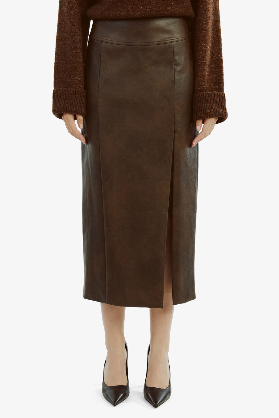 DANTE VEGAN LEATHER MIDI SKIRT in colour DARK CHOCOLATE