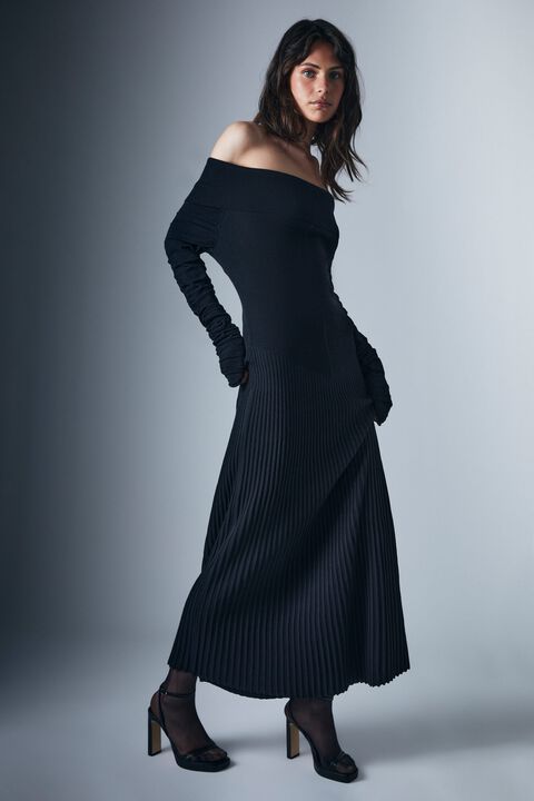 MARTA PLEATED KNIT DRESS in colour CAVIAR