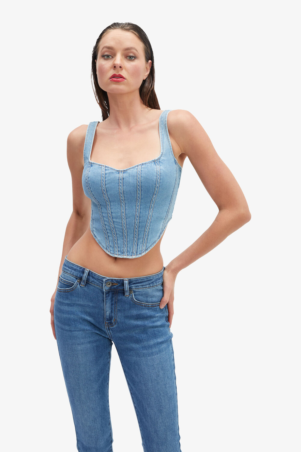 Denim Corset Bustier in Vintage Bardot