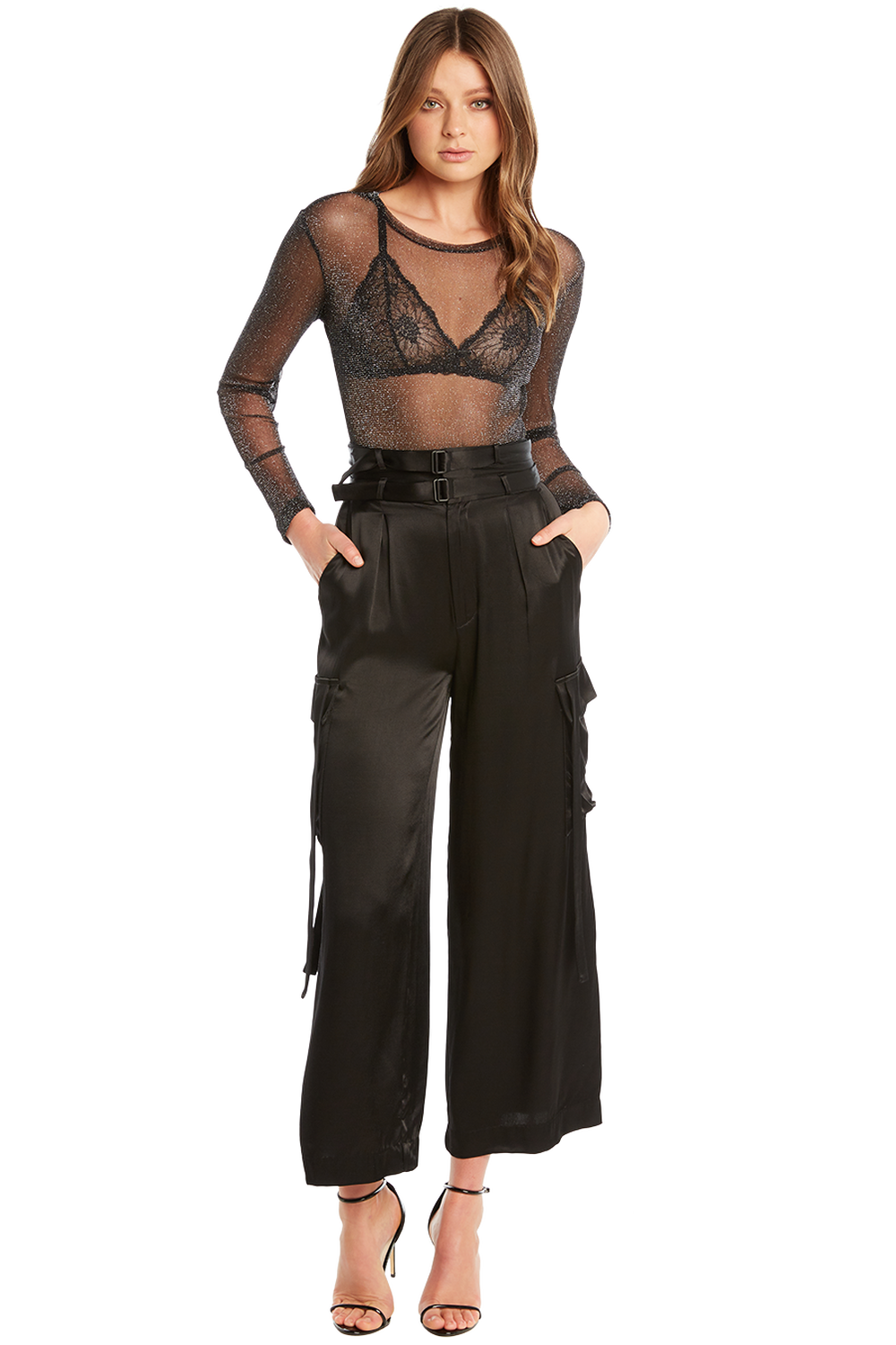 black satin cargo trousers