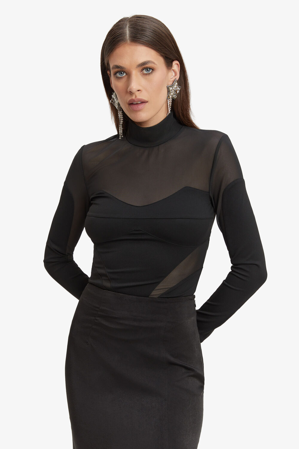 JASMINE SHEER PANEL BODYSUIT in colour CAVIAR
