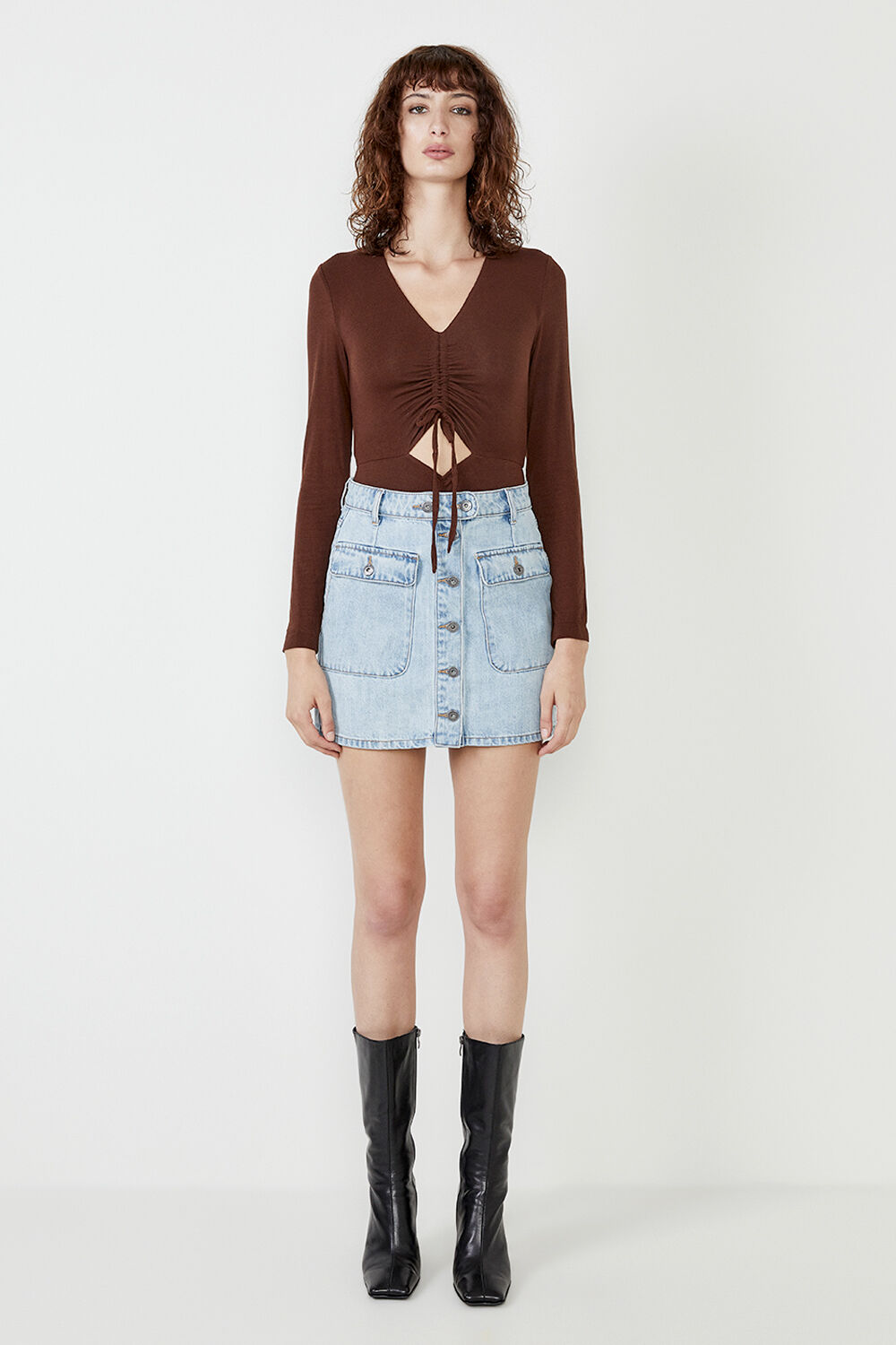 RUCHED BODYSUIT in colour CHOCOLATE BROWN