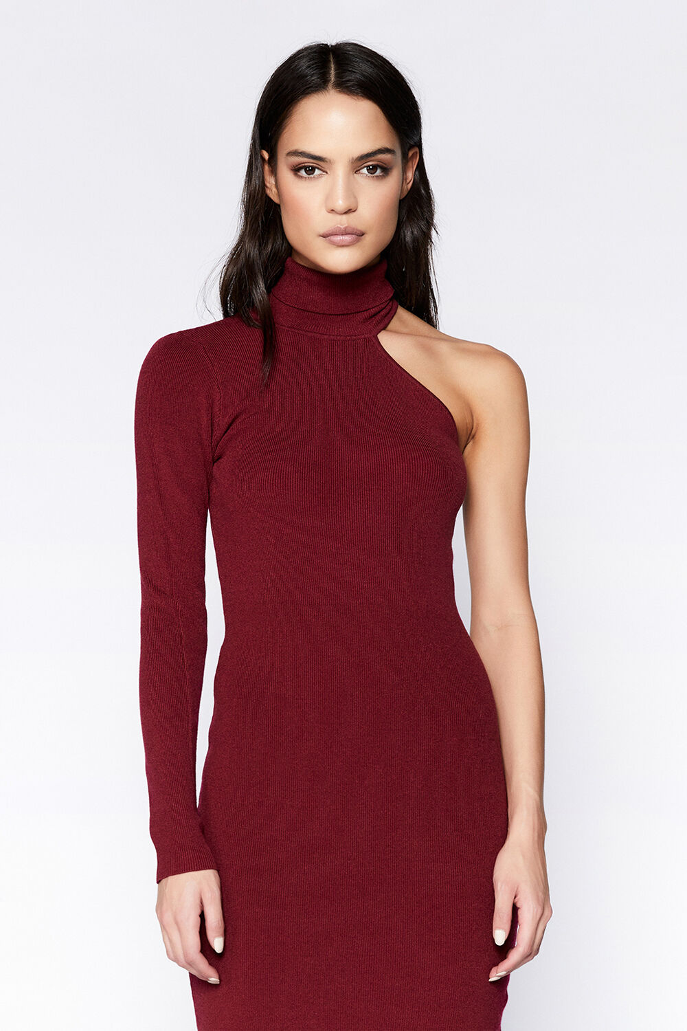 ASYMMETRIC SLV KNIT DRESS in colour CORDOVAN