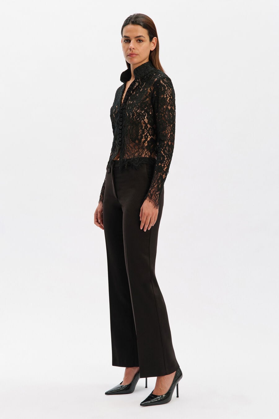 REMLY BUTTON FRONT LACE TOP in colour Black
