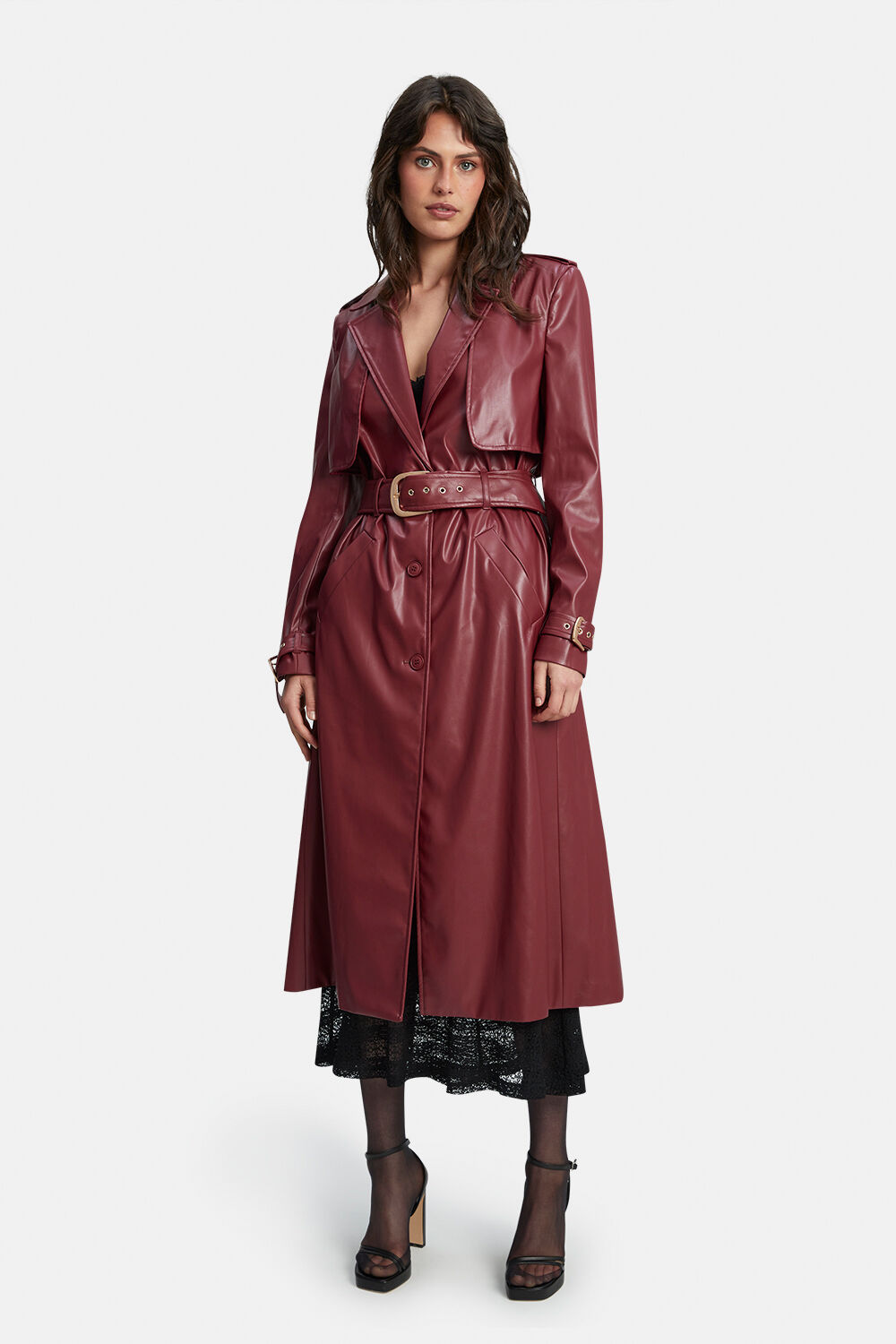 VEGAN LEATHER TRENCH COAT in colour BURGUNDY