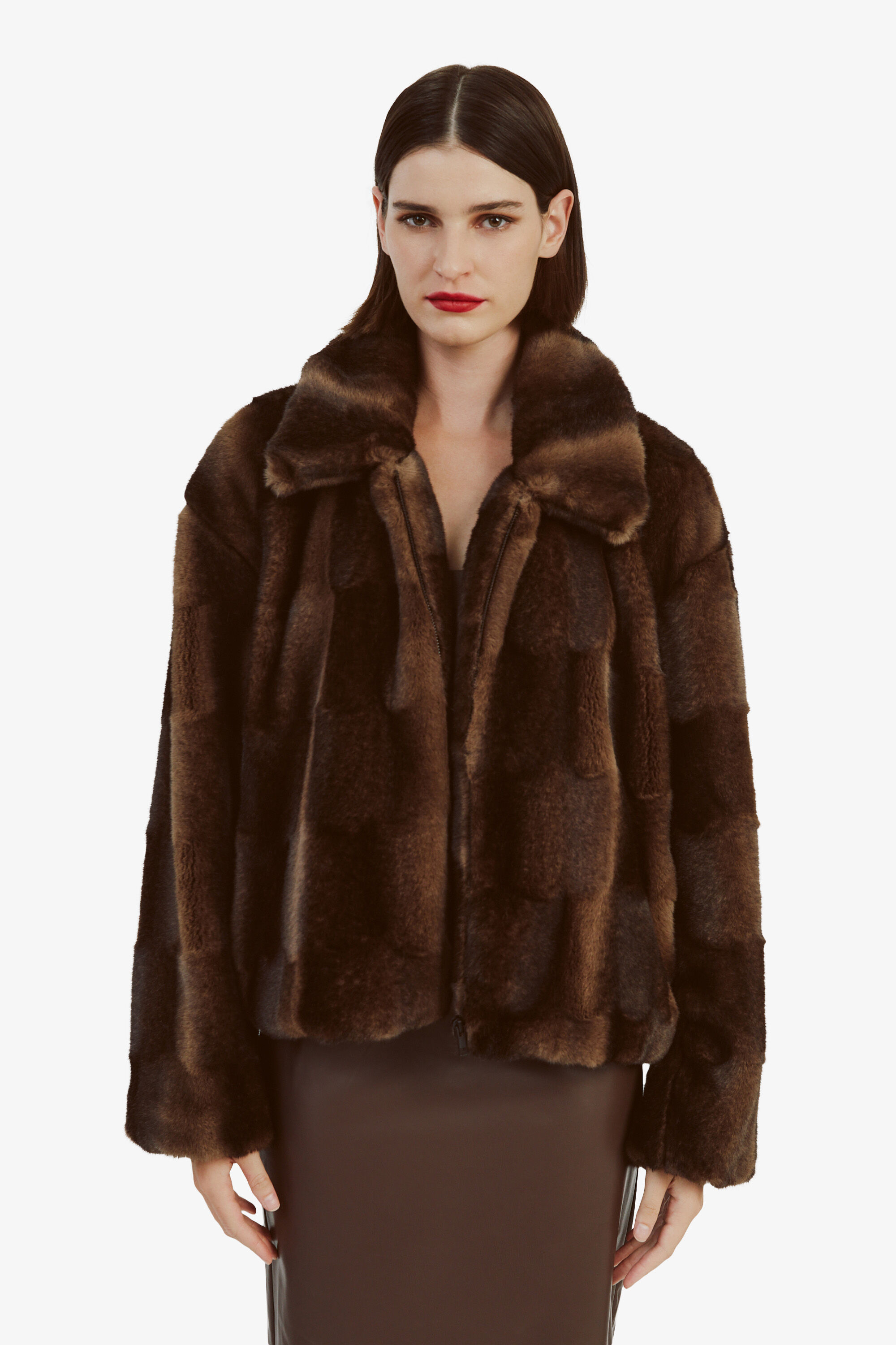 Sylvie Zip Faux Fur Jacket In Dark Choco Bardot