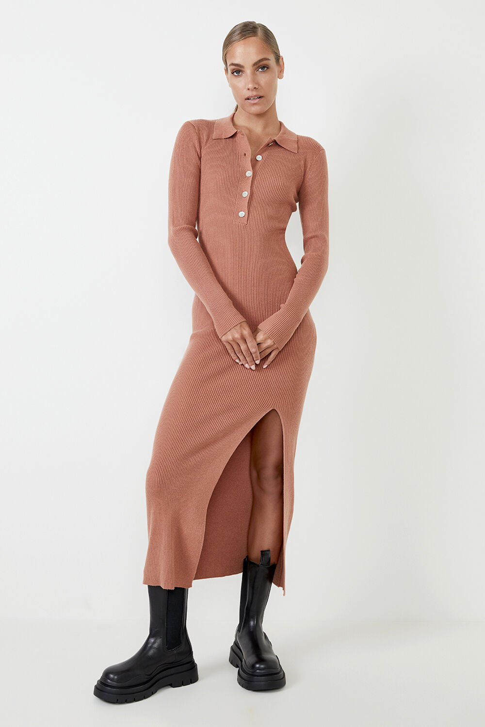 Collar Knit Dress in Chestnut Bardot