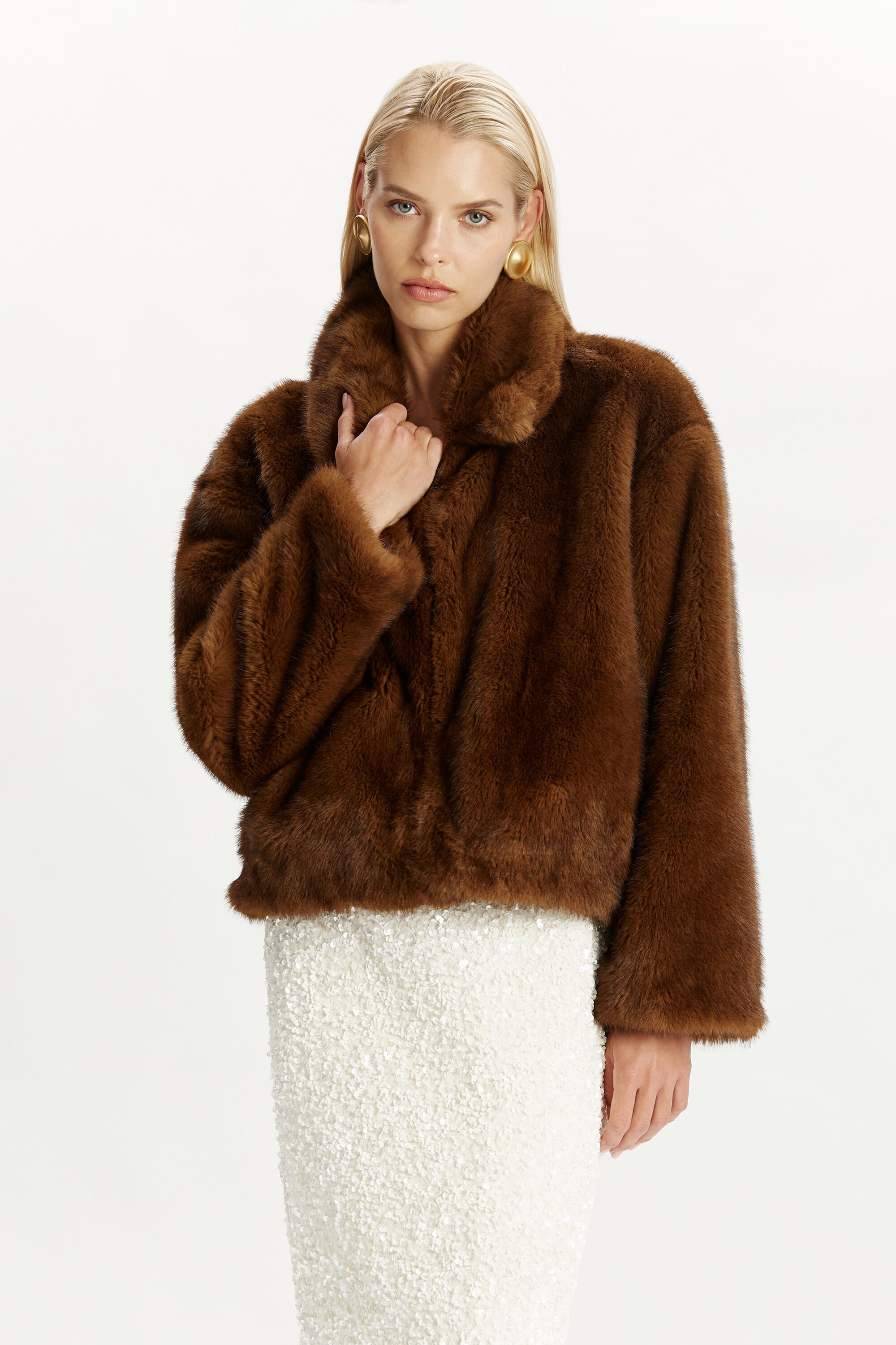 【SCULPTOR】Faux Fur Zip-Up Jacket Brown Faux Fur Zip-Up Jacket Brown – Sculptor