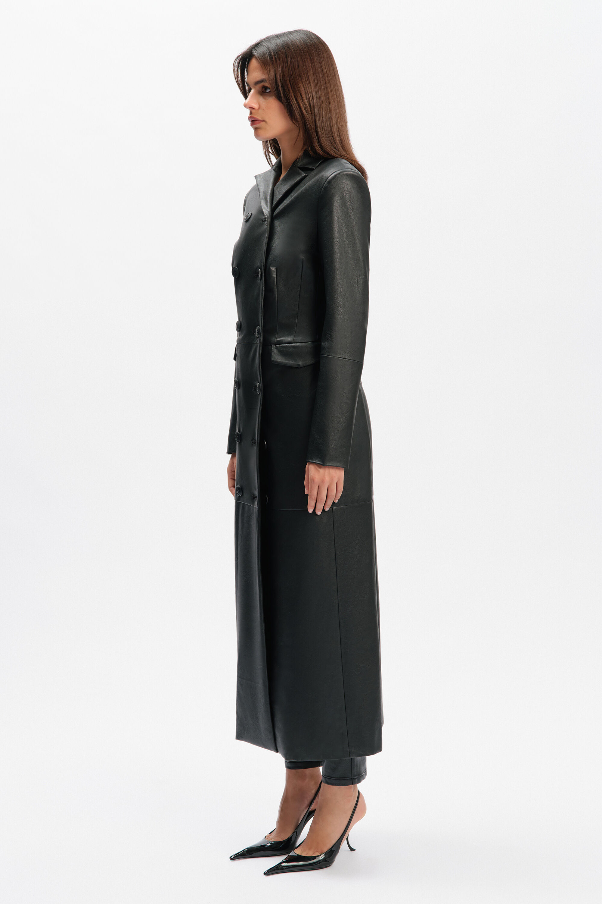Liana Vegan Leather Coat In Black | Bardot