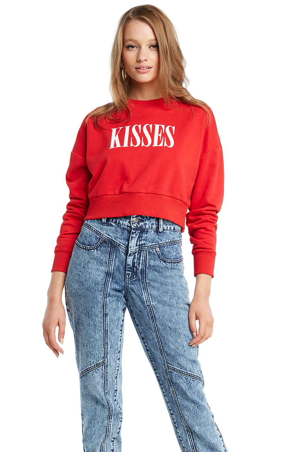 KISSES CROP SWEAT TOP in colour CRIMSON