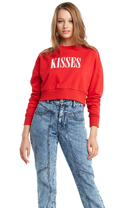 KISSES CROP SWEAT TOP in colour CRIMSON