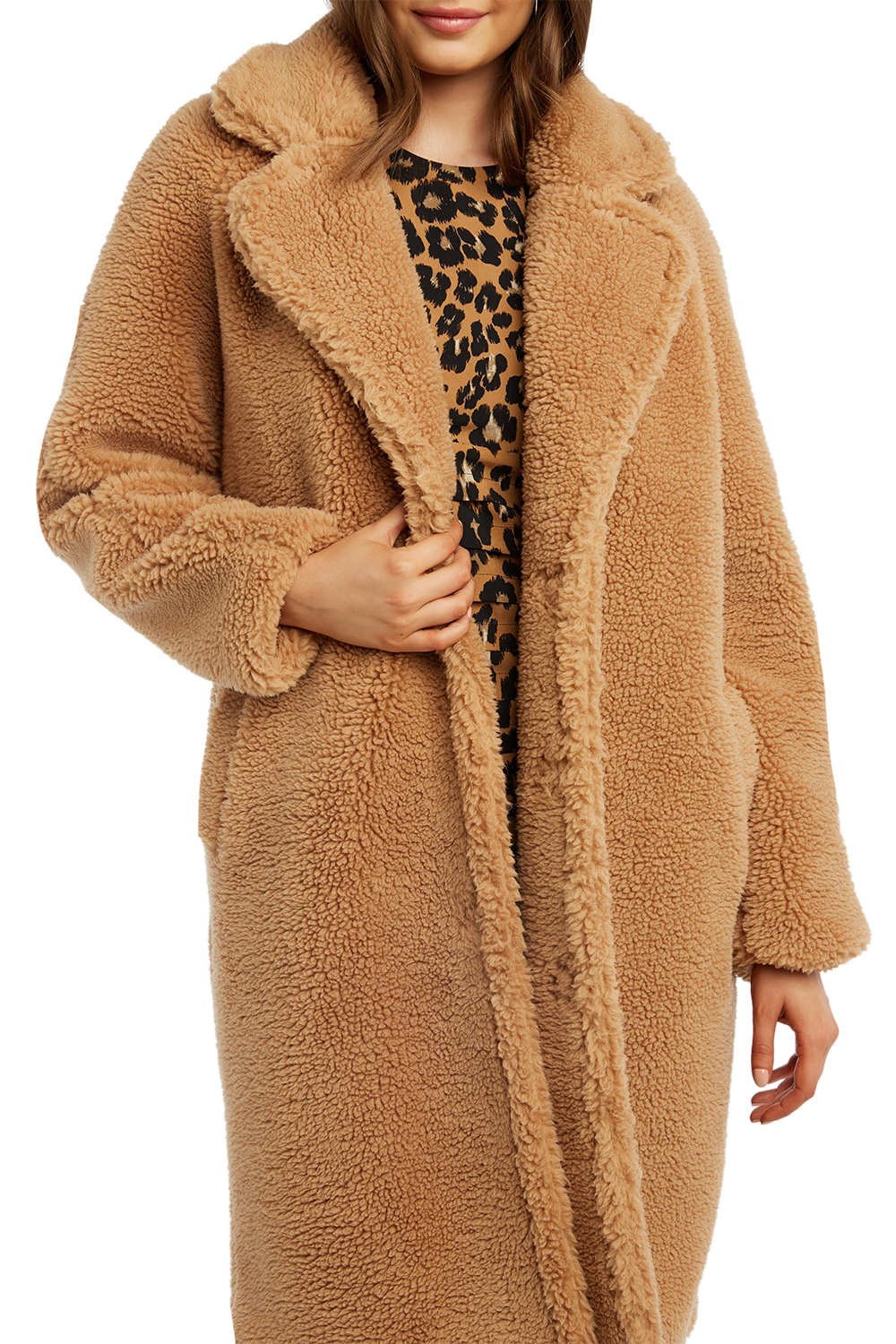 Teddy Long Coat in Tan | Bardot