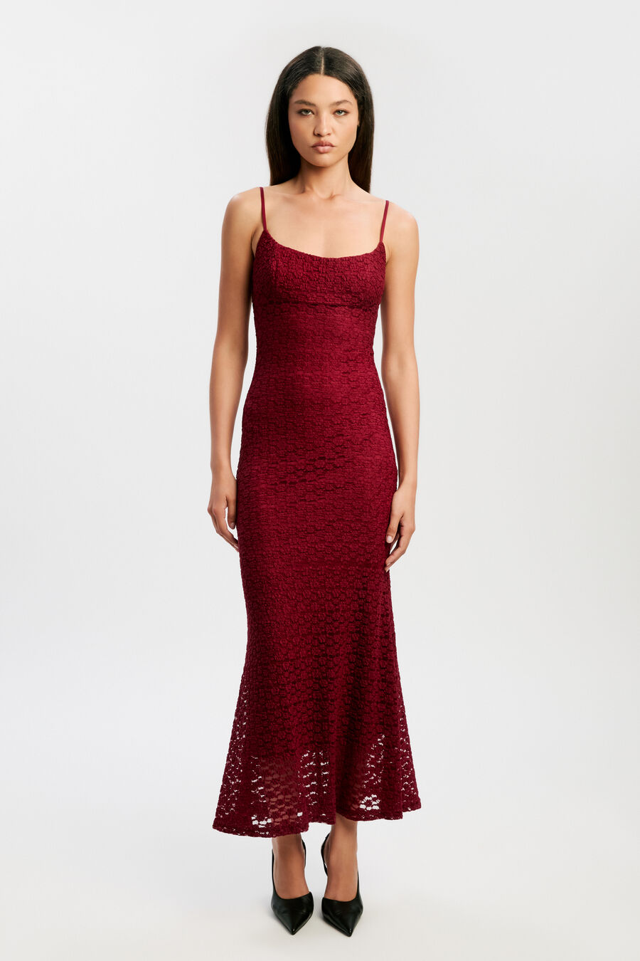 LOUISA MESH MIDI DRESS in colour BURGUNDY