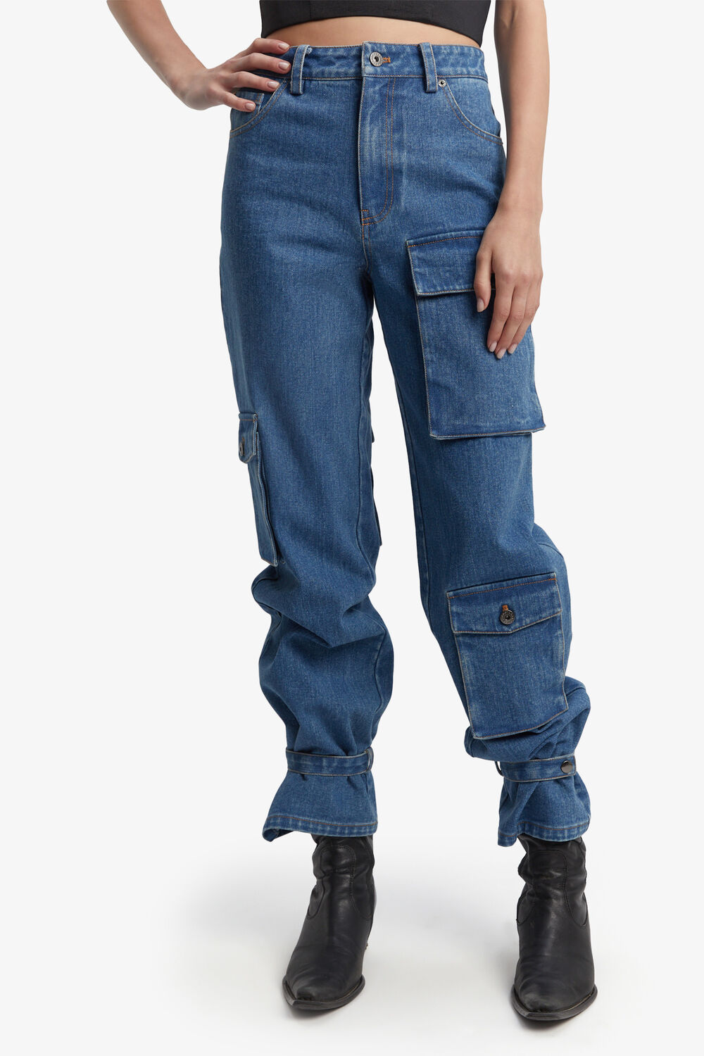 HIGH RISE DENIM CARGO PANT in colour CITADEL