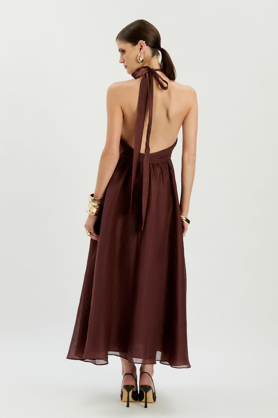 CAVARLY RAMIE HALTER DRESS in colour Chocolate