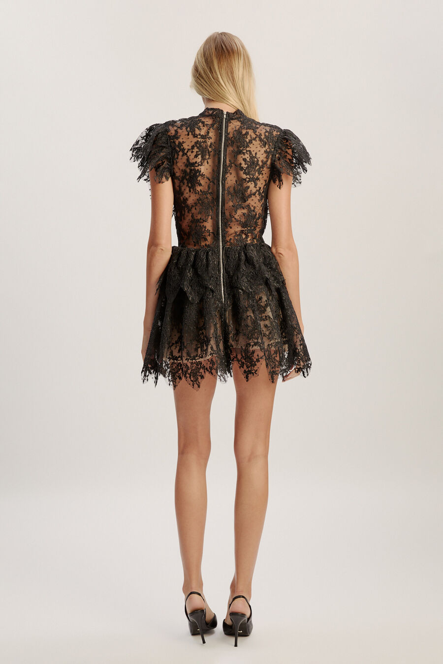 TARRYN RUFFLE LACE MINI DRESS in colour BLACK