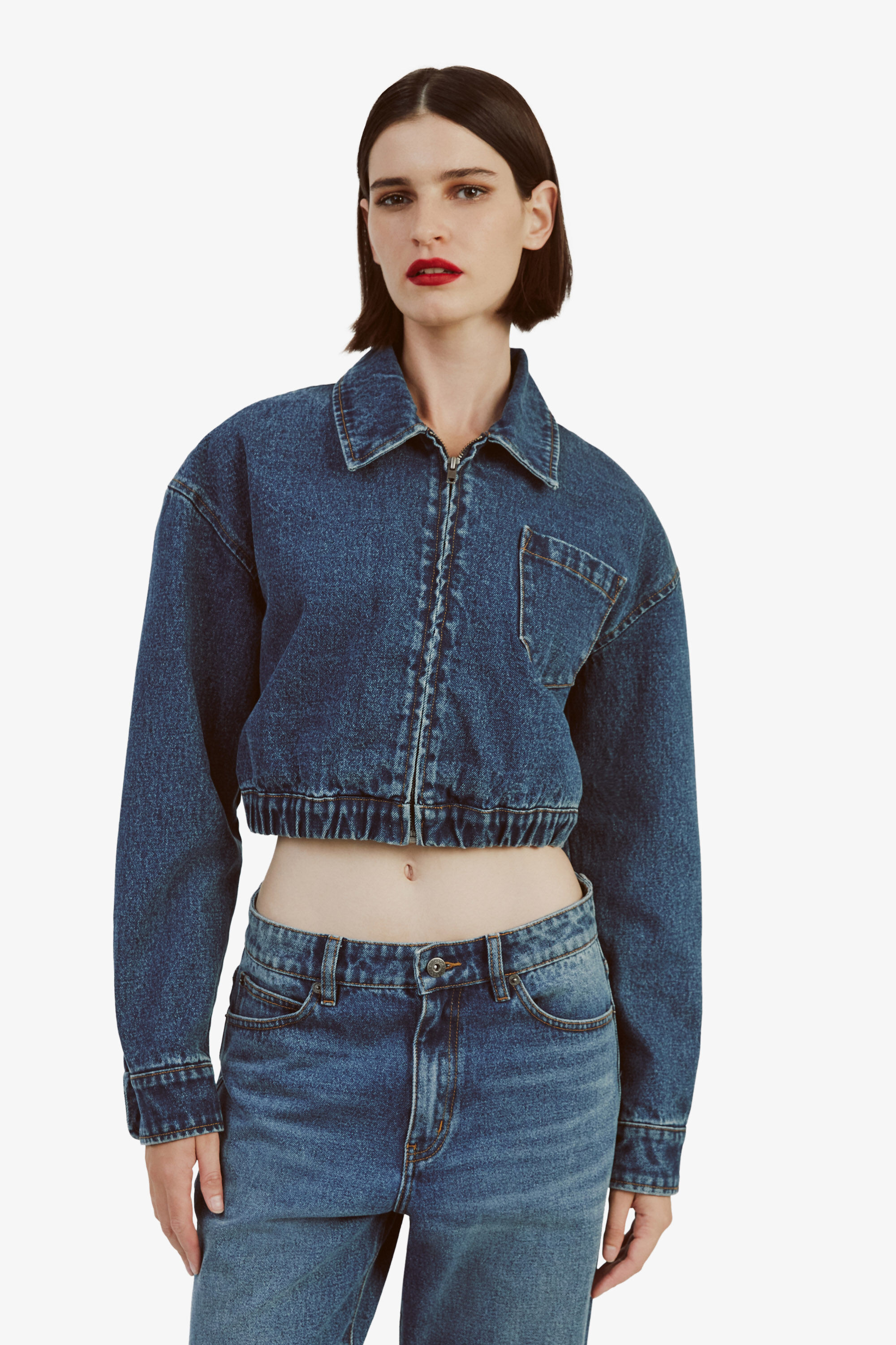 美品Baybee no collar denim JK（インディゴ） Cropped Bomber Denim Jacket In Washed Indigo | Bardot